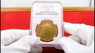 イギリス 1691年 5ギニー 金貨 ウィリアム\u0026メアリー 象と城 NGC XF40