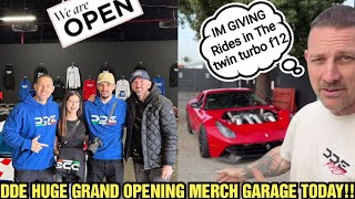 DDE HUGE GRAND OPENING OF MERCH GARAGE!!😯(GIVING RIDE'S IN FERRARI F12)LAMBORGHINI DELIVERY DAY!