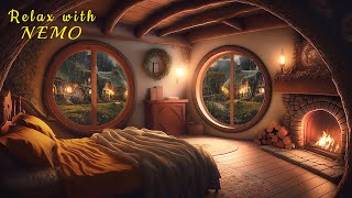 Cozy Hobbit Bedroom / Soothing Fireplace with Crackling Fire and Relaxing Rain Sounds / rain on roof