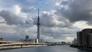 白鬚橋から見える風景　　東京スカイツリー　流れる雲　隅田川　　　　　2021年　11月7日　　　　iPhone SE 　スマートフォン