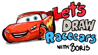 Draw Race Cars with Boris: Ep 7 Lightning  McQueen Lookalike and NASCAR Racing Flags