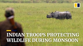 Indian troops protecting wildlife during monsoon