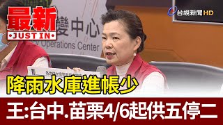 降雨水庫進帳少  王美花：台中、苗栗4/6起供五停二【最新快訊】