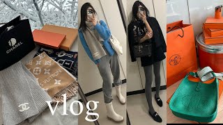 vlog_ 얘 머플러 또 샀어☃️🛍️, 샤넬, 에르메스, 루이비통 3사 머플러 추천템🧡, 폭설로 고립되서 방구석 패션쇼한 일상, 에르메스 에블린 언박싱, 쇼핑브이로그