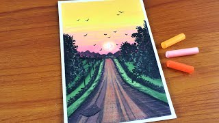 Sunset at Road Oil Pastel Painting for beginners | Easy Oil Pastel Painting Tutorial
