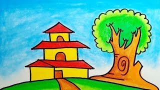 How To Draw House And Tree Scenery |Drawing House Easy Scenery