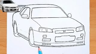 How to Draw a GTR R34 Car – Easy & Realistic GTR Car Drawing | Nissan GTR Sketching