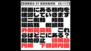 【25-117】顔面にある筋肉を確認していきます　顎二腹筋　頬筋　眼輪筋　側頭筋　外側翼突筋　これらはどこにある？起始停止　顎関節円板　下顎頭内面　言語聴覚士　ST　国家試験対策