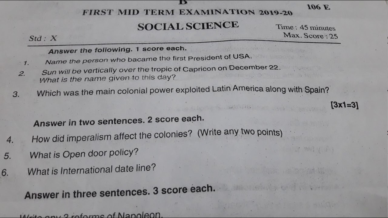 SOCIAL SCIENCE / CLASS 10 /FIRST MID TERM 2019-20 /KERALA / SSLC ...