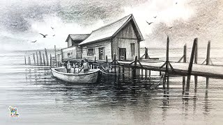 How to draw Old Fisher man Boat Yard in Seascape Scenery Art by Pencil