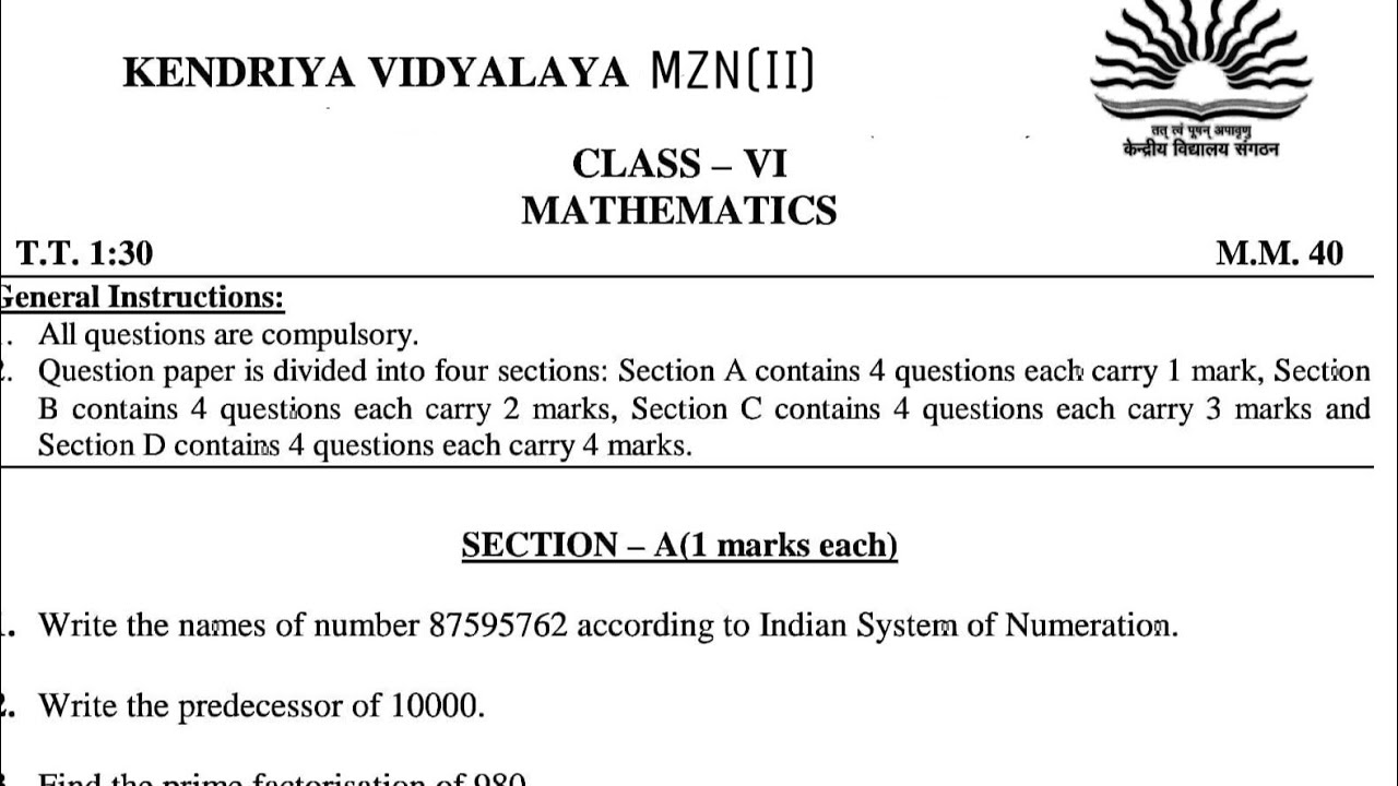 KV PT-1 CLASS-6 Maths Question Paper With Full Explanation/ For ...