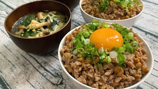 サラリーマンが出勤前に作る朝ごはん【そぼろ納豆ご飯と春雨スープ】