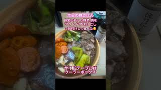 【長野県長野市】本日の晩ごはん。家にあった野菜肉を【ほりにし】で味付け。クーラーボックスは冬に長野県大町市在住時、冷蔵庫持参してないので使用。スーパーで無料氷もらい塩かけて使用してた。#shorts