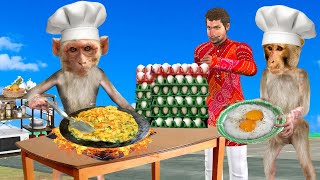 बंदर अंडा ऑमलेट बनाना Monkey Chef Cooking Egg Omlette Street Food Hindi Kahaniya New Comedy Video