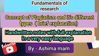 Concept of Plagiarism and it's different types ( brief explanation) ,,, Fundamentals of research