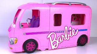 BARBIE DREAM CAMPER WITH POOL WATERSLIDE HAMMOCKS KITCHEN BATHROOM CLOSET AND FIRE PIT - UNBOXING