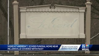 Signs painted over, removed at Andrew T. Scheid Funeral Home near Millersville