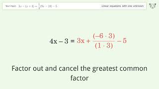 Linear equation with one unknown: Solve 5x-(x+3)=1/3(9x-18)-5 step-by-step solution