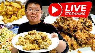 Cooking Garlic Fried Chicken and Fried Potato Wedges