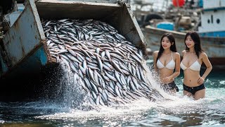 How to catch thousands of cod on a modern boat, fishermen catch cod with giant trawl nets at sea