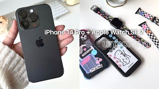 iPhone 14 Pro Unboxing (Space Black) + Apple Watch SE 2 | setup + accessories | aesthetic unboxing 🧸