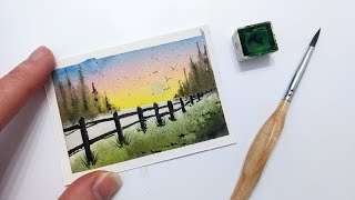 Abstract WATERCOLOR rising sun landscape » How to paint a pine forest landscape for beginners EASY