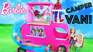 BARBIE Pop Up Camper Van NEW 3 STORY RV + Swimming Pool & Toilet in Car With Elsa & Spiderman Dolls