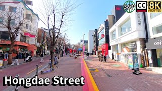 Walking along Hongdae Street in Seoul. 8K 360 VR video.