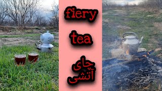 Fiery tea in the beautiful nature of the beautiful village