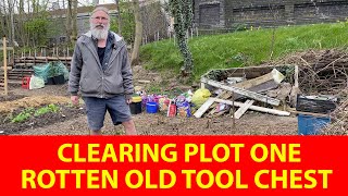 CLEARING A ROTTEN OLD TOOL CHEST AND OTHER RUBBISH FROM THE ALLOTMENT PLOT