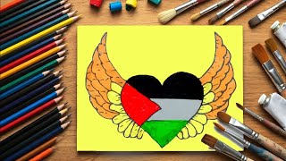 رسم علم فلسطين على شكل قلب يرتدي تاج خطوة بخطوة / رسم سهل / تعليم الرسم للمبتدئين