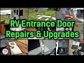 RV Entrance Door Repairs and Upgrades - New Lock, Screen, Hinge, Plastic Paint plus Cleaning