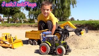 Digging with Bruder Toys in the Sand Box! | Bulldozer Dump Truck Excavator Backhoe | JackJackPlays
