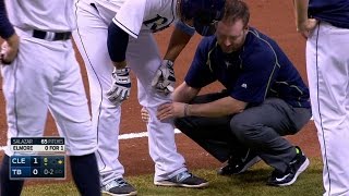 CLE@TB: Cabrera visited by trainer, stays in the game