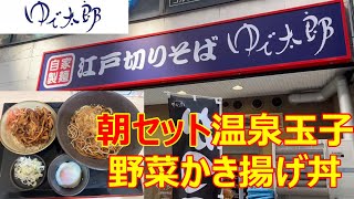 ゆで太郎 朝セット野菜かき揚げ丼 温そばと　開店～午前11時 480円 クーポン温泉玉子