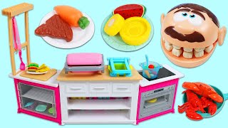 Pretend BBQ Grilling Steak, Vegetables, and Fruit for Mr. Play Doh Head with Toy Kitchen Playset!