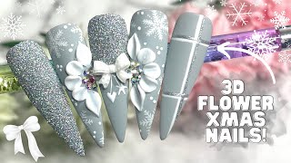 GREY 3D FLOWER CHRISTMAS NAILS| HOW TO EASY 4D CARVING GEL| HOLOGRAPHIC GLITTER NAILS| MADAM GLAM