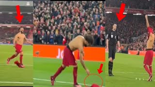Mohamed Salah threw his T-shirt to the ground after he became the historic scorer for Liverpool!🔥7-0