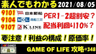 【明日上がる株】9101 日本郵船！9104 商船三井！9107 川崎汽船！PER2！PBR1！利回り10%！要注意！投資利益に注目！日本郵船優位！10000円上限！【Money Game】#348