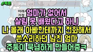 톡툰] 엄마가 없어서 살림 못 배웠다고 하니 나 몰래 아빠한테까지 전화해서 쓴소리하던 남친 엄마 주둥이 묵념하게 만들어줌ㅋ | 갓쇼의톡툰