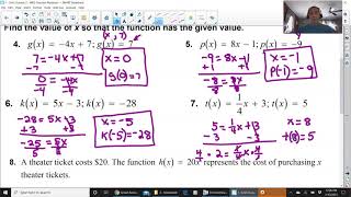 Algebra I - Function Notation Practice (HW U3L3)