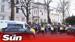 Pro-Ukraine protesters EGG Russian embassy in London