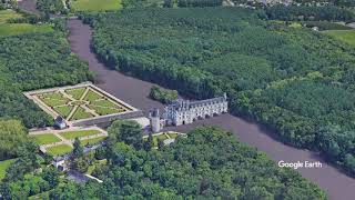 ロワール渓谷のシュノンソー城【上空から360°view HD】Château de Chenonceau, Val de Loir, France◆フランス/城郭建築/古城/橋/世界遺産