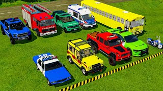 TRANSPORTING POLICE CARS, AMBULANCE, FIRE TRUCK, BUS, COLORFUL CARS WITH TRAIN!-FARMING SIMULATOR 22