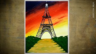 Easy Eiffel Tower Sunset Scenery Drawing & Painting for Beginners || Step by step Acrylic Painting
