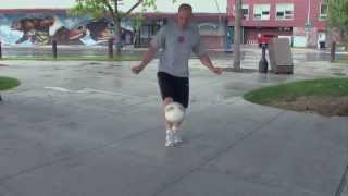 Professional rope jumper Peter Nestler demostrates juggling a soccer ball while jumping rope