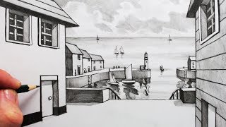 How to Draw using 1-Point Perspective: Buildings and a Harbour Scene