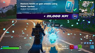 How to EASILY Restore health or gain shields using Water Sprites in Fortnite locations Quest!