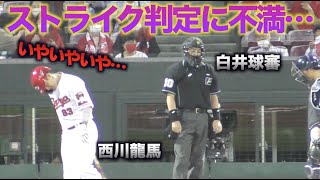 四球で進もうとしたら三振…白井球審の判定に納得の行かない西川龍馬