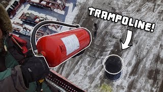 FIRE EXTINGUISHER Vs. TRAMPOLINE FROM 30 METERS!!